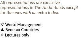 All representations are exclusive representations in The Netherlands except for the ones with an extra index. s World Management p Benelux Countries v Lectures only